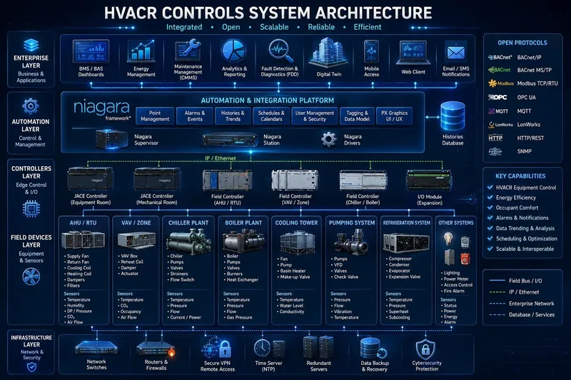 HVAC-R controls system architecture: field devices such as air handlers, VAV boxes, chillers, boilers, cooling towers, pumps and refrigeration; JACE and field controllers on an IP network; the Niagara automation and integration platform; and enterprise applications, with the open protocols supported listed alongside
