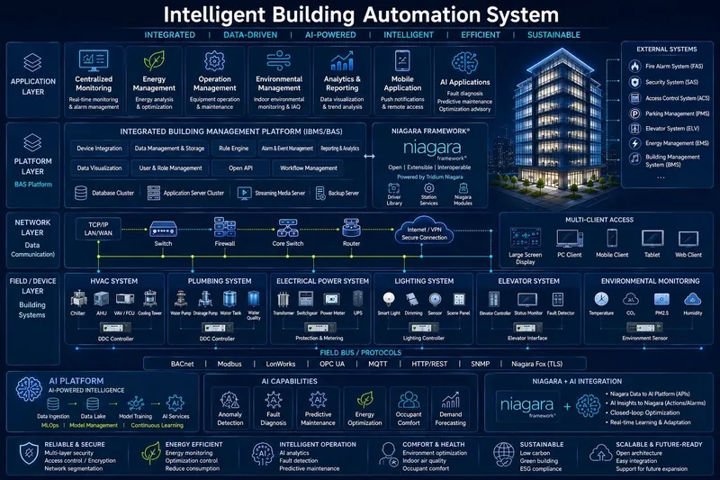 Intelligent building automation system architecture: field devices and building systems at the bottom, a network layer, the integrated building management platform, an application layer with monitoring, energy, analytics and AI applications, and an AI platform feeding predictions back into the system