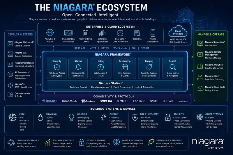 The Niagara ecosystem: the Niagara Framework and Niagara Station at the centre, with services for security, alarms, history, scheduling, tagging and search; development tools on the left, management and operations tools on the right, enterprise and cloud systems above and connectivity protocols below
